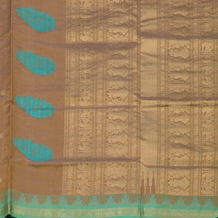 Hayagrivas Gold Pure Silk Cotton Saree with Sea Green Small Temple Border KBE1525K11-3