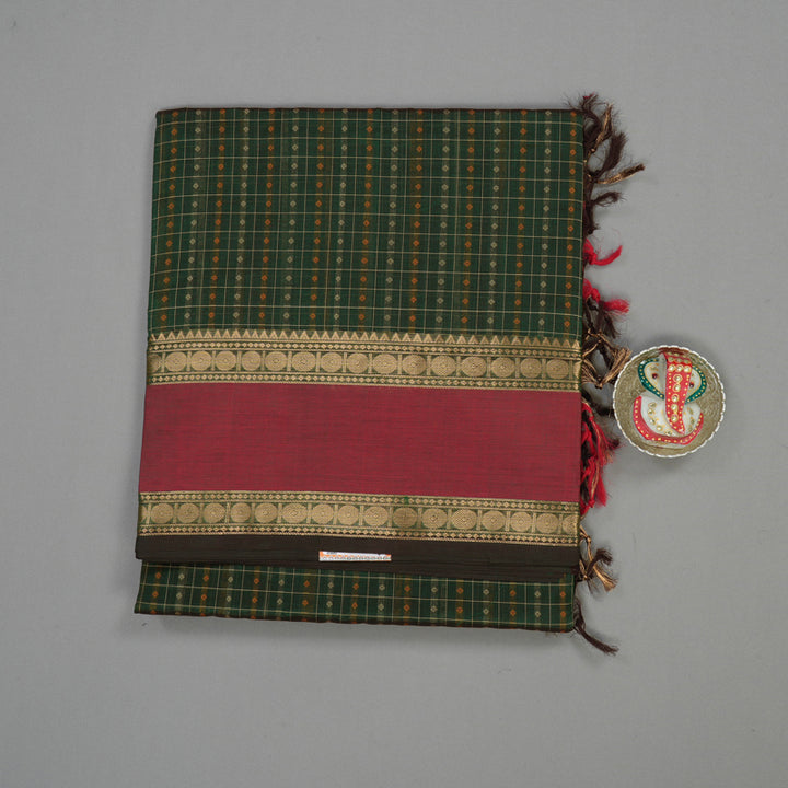 Hayagrivas Bottle Green Pure Kanchi Silk Cotton Saree with Reddish Pink Border KBE1525K11-5