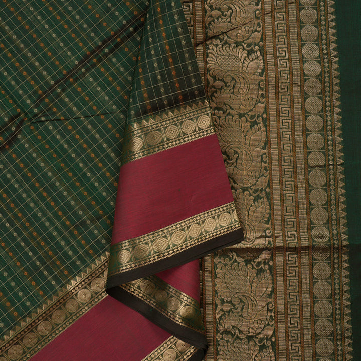 Hayagrivas Bottle Green Pure Kanchi Silk Cotton Saree with Reddish Pink Border KBE1525K11-5