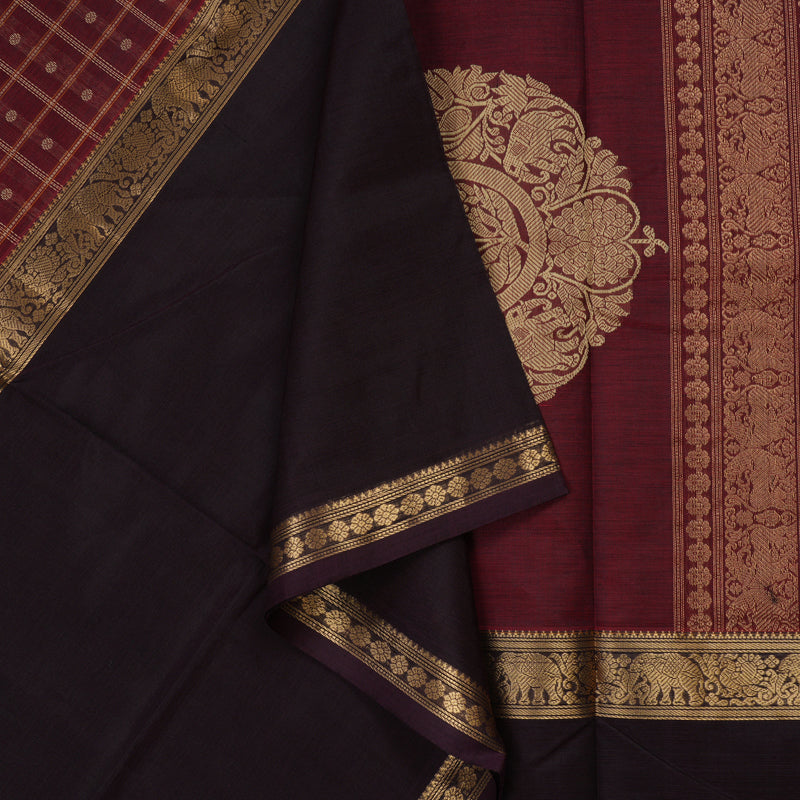 Hayagrivas Wine Maroon Pure Kanchi Silk Cotton Saree with Paaku Border KBE1525K15-2