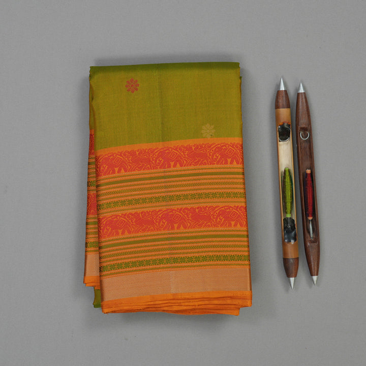 Hayagrivas Handloom Parrot Green Kanjivaram Silk Saree with Mustard Border KBE1526K1-2