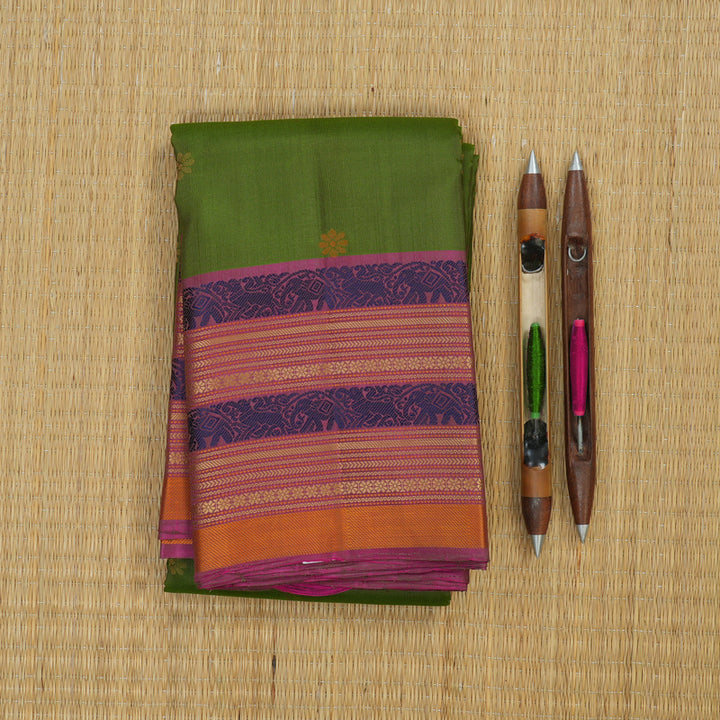 Hayagrivas Handloom Mehandi Green Kanjivaram Silk Saree with Multicolour Border KBE1526K1-7