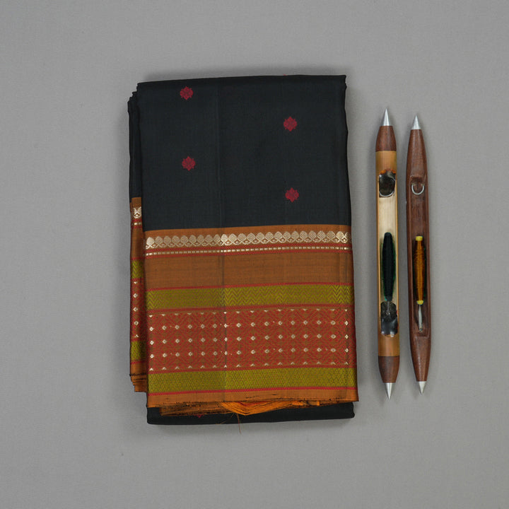 Hayagrivas Handloom Black Kanjivaram Silk Saree with Honey Mustard Border KBE1526K6-1