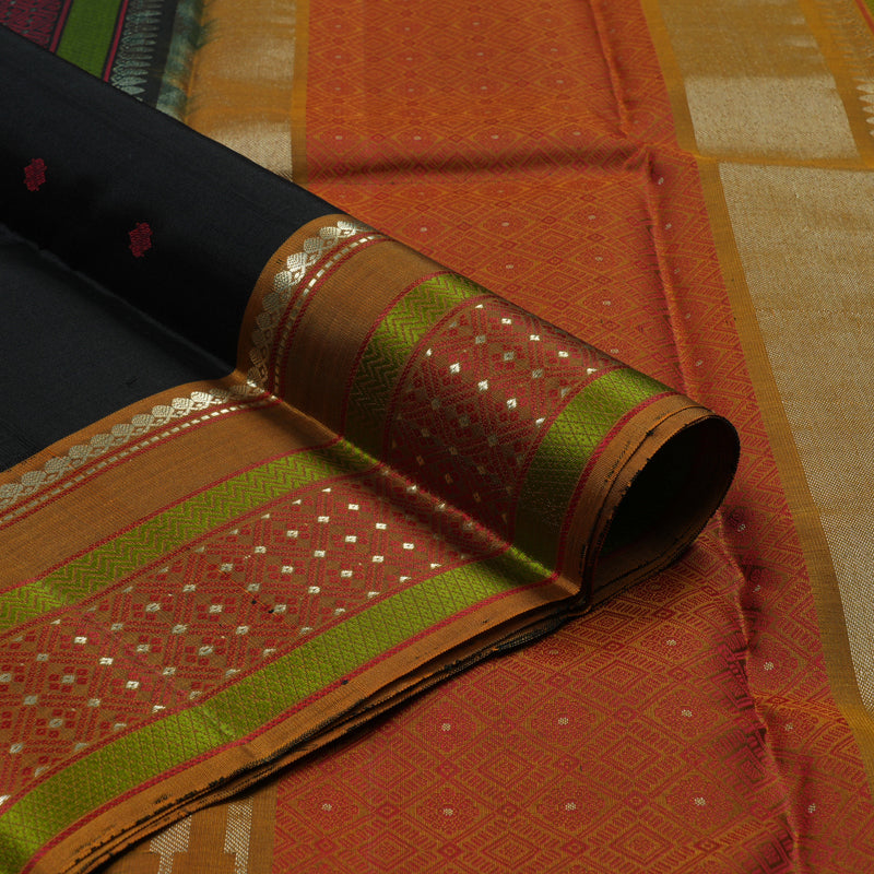 Hayagrivas Handloom Black Kanjivaram Silk Saree with Honey Mustard Border KBE1526K6-1
