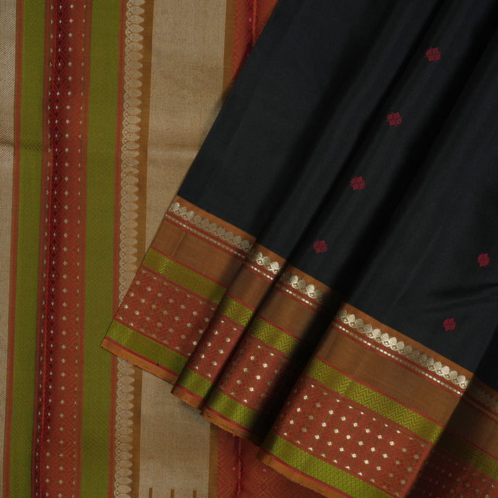 Hayagrivas Handloom Black Kanjivaram Silk Saree with Honey Mustard Border KBE1526K6-1