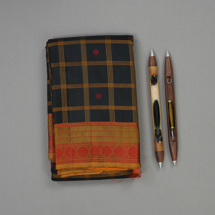 Hayagrivas Handloom Black Kanjivaram Silk Saree with Honey Mustard border KBE1526K7-4