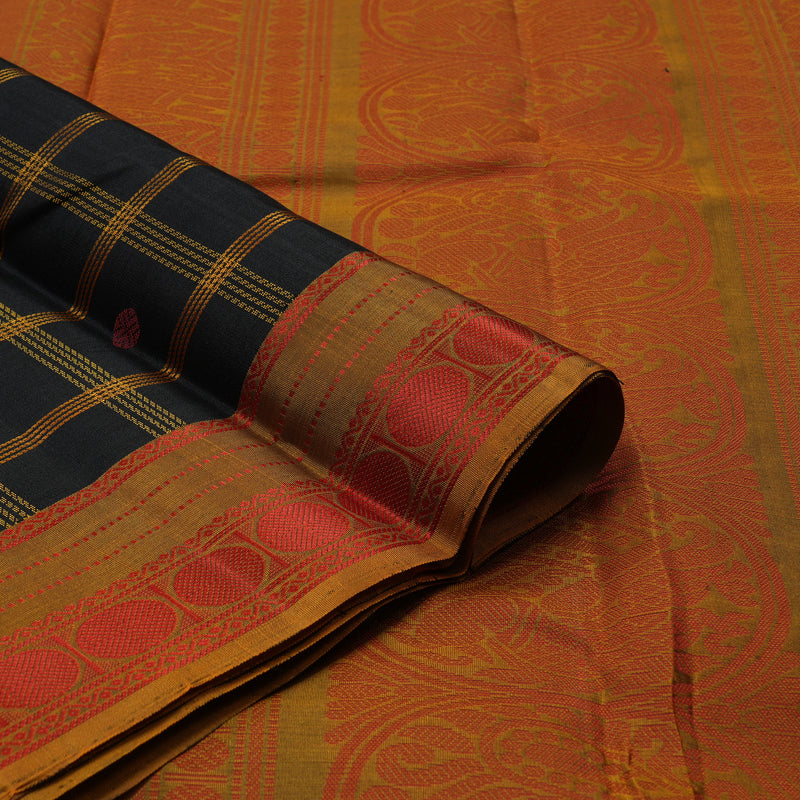 Hayagrivas Handloom Black Kanjivaram Silk Saree with Honey Mustard border KBE1526K7-4