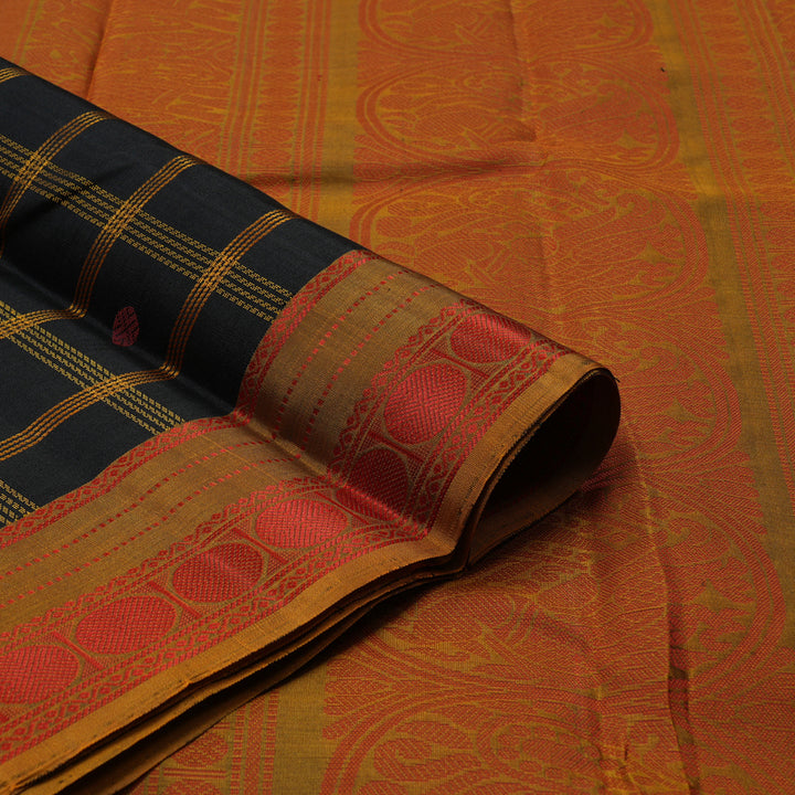 Hayagrivas Handloom Black Kanjivaram Silk Saree with Honey Mustard border KBE1526K7-4