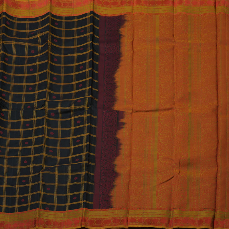 Hayagrivas Handloom Black Kanjivaram Silk Saree with Honey Mustard border KBE1526K7-4