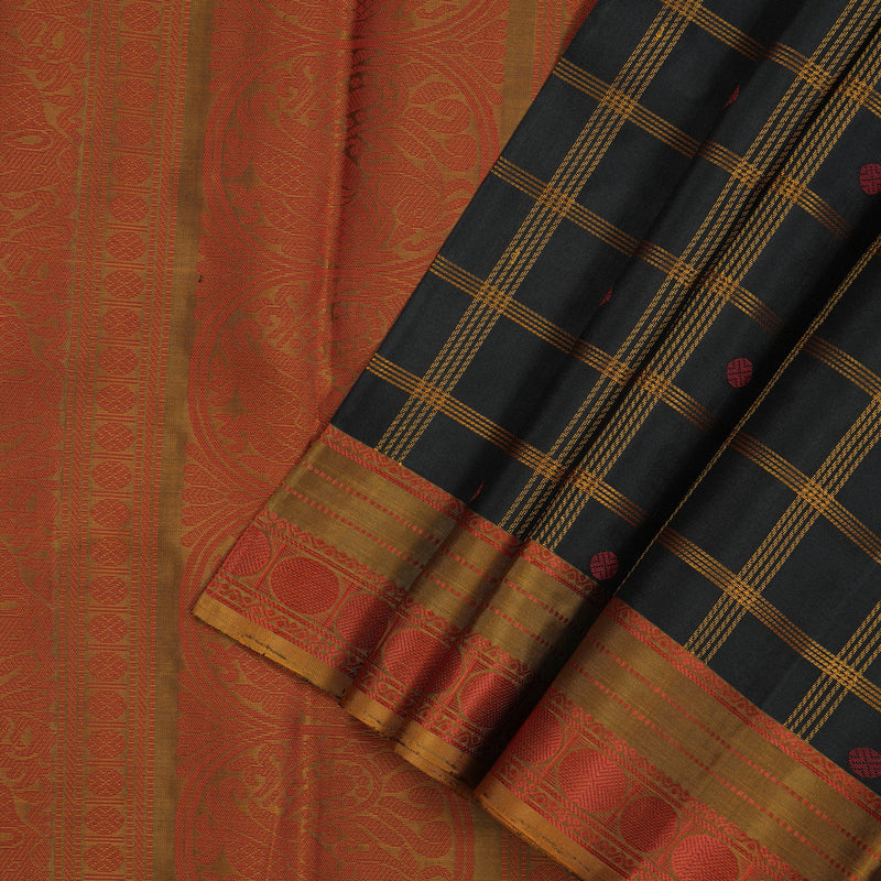 Hayagrivas Handloom Black Kanjivaram Silk Saree with Honey Mustard border KBE1526K7-4