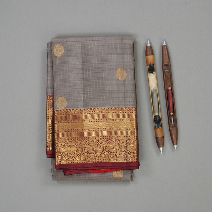Hayagrivas Handloom Elephant Grey Kanjivaram Silk Saree with Maroon Border KBE1529K4-2