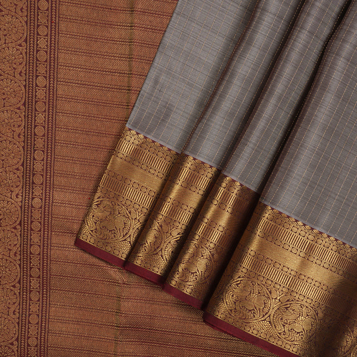 Hayagrivas Handloom Elephant Grey Kanjivaram Silk Saree with Maroon Border KBE1529K4-2