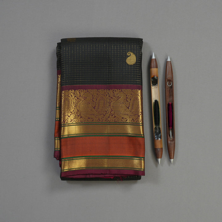 Hayagrivas Handloom Black Kanjivaram Silk Saree with Wine Purple & Rust Orange Border KBE1533K11-5