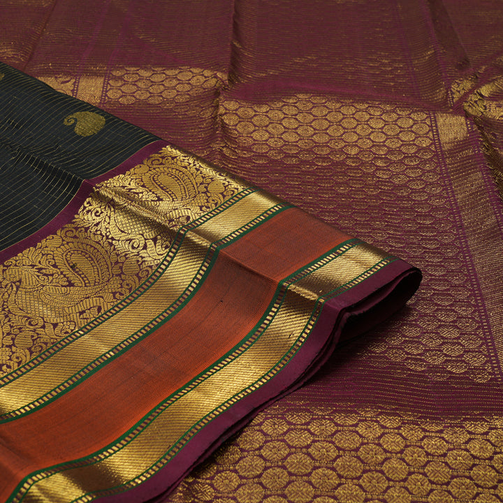 Hayagrivas Handloom Black Kanjivaram Silk Saree with Wine Purple & Rust Orange Border KBE1533K11-5