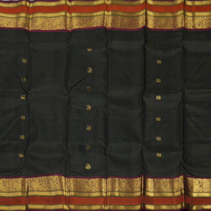 Hayagrivas Handloom Black Kanjivaram Silk Saree with Wine Purple & Rust Orange Border KBE1533K11-5