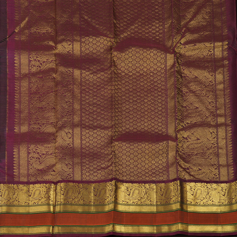 Hayagrivas Handloom Black Kanjivaram Silk Saree with Wine Purple & Rust Orange Border KBE1533K11-5