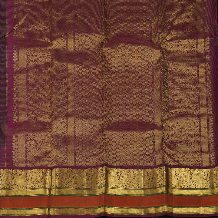 Hayagrivas Handloom Black Kanjivaram Silk Saree with Wine Purple & Rust Orange Border KBE1533K11-5