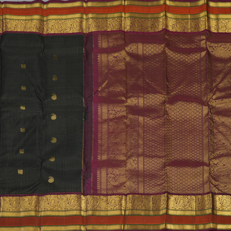 Hayagrivas Handloom Black Kanjivaram Silk Saree with Wine Purple & Rust Orange Border KBE1533K11-5