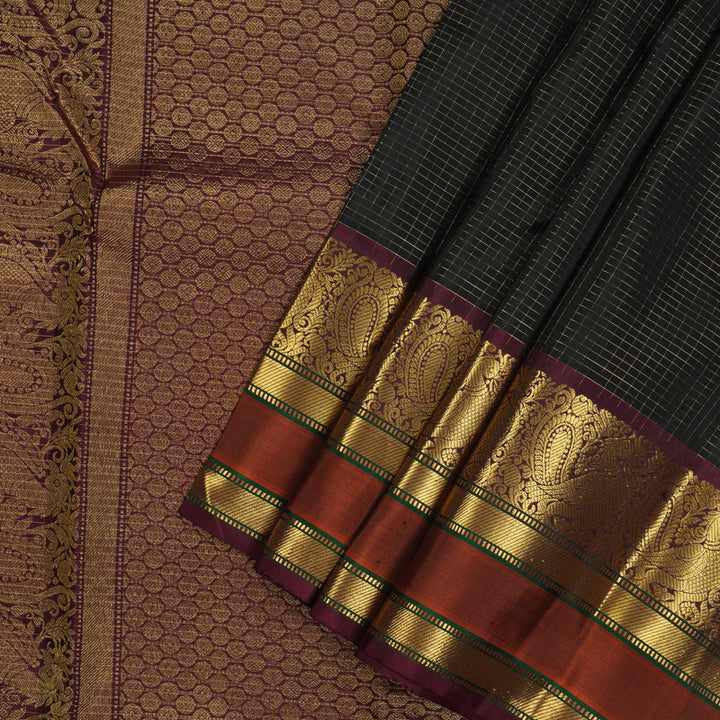 Hayagrivas Handloom Black Kanjivaram Silk Saree with Wine Purple & Rust Orange Border KBE1533K11-5