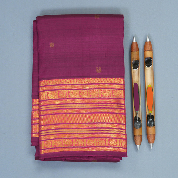 Hayagrivas Handloom Purple Kanjivaram Silk Saree with Orangish-Pink Border KBE1533K8-5