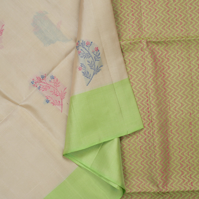 Hayagrivas Handloom Cream Kanjivaram Soft Silk Saree with Neon Green Border KBE1534K1-15