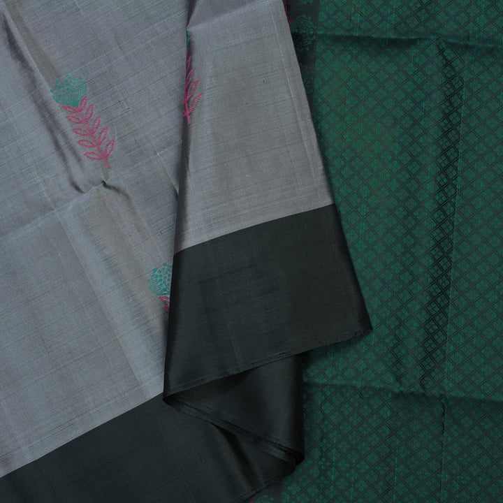 Hayagrivas Handloom Silver Grey Kanjivaram Soft Silk Saree with Dark Grey Border KBE1534K1-7