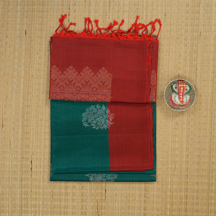 Hayagrivas Handloom Rama Green Soft Silk Saree with Deep Red Border KBE1535K1-1