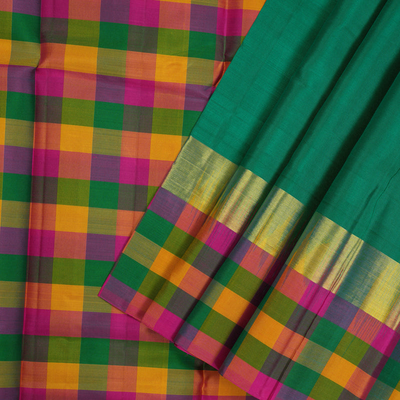 Hayagrivas Handloom Peacock Green Kanjivaram Silk Saree with Multicolour Checks KBE1536K2-22
