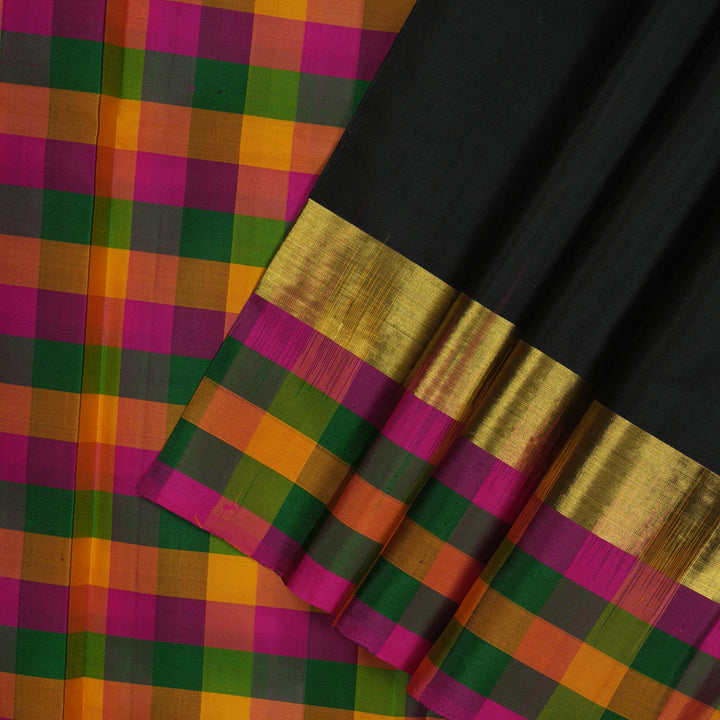 Hayagrivas Black Kanjivaram Silk Saree with Multicolour Checks border KBE1536K2-8