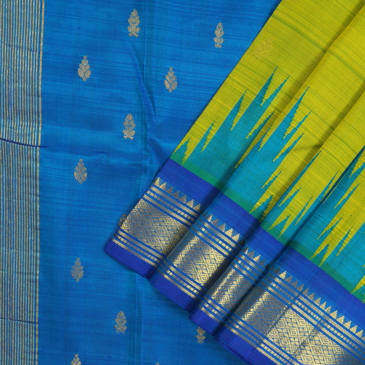 Hayagrivas Fluorescent Green Pure One Side Border Silk Saree with MS Blue border KBE1543K1-2