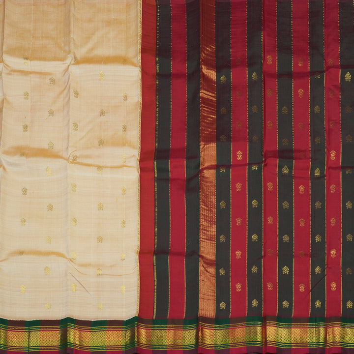 Hayagrivas Beige Pure One Side Border Silk Saree with Bottle Green & Araku Maroon border KBE1543K3-2