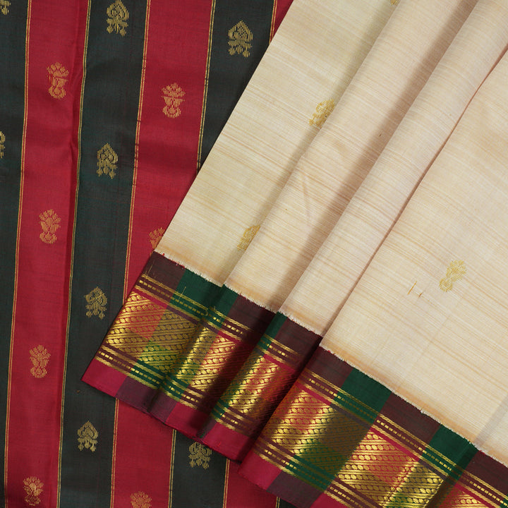 Hayagrivas Beige Pure One Side Border Silk Saree with Bottle Green & Araku Maroon border KBE1543K3-2