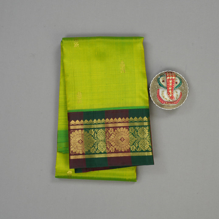 Hayagrivas Fluorescent Green Pure One Side Border Silk Saree with Bottle Green & Araku Maroon border KBE1543K3-3