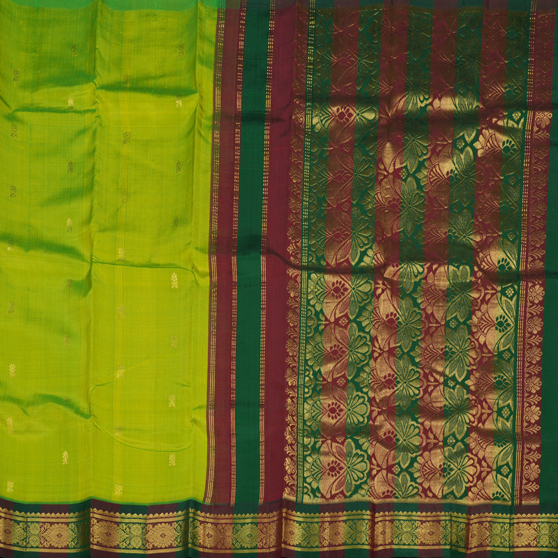 Hayagrivas Fluorescent Green Pure One Side Border Silk Saree with Bottle Green & Araku Maroon border KBE1543K3-3