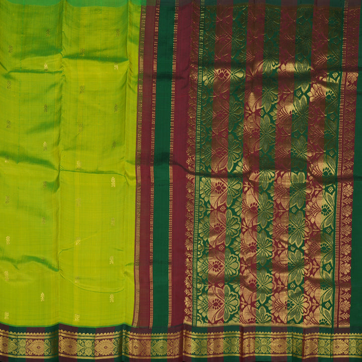 Hayagrivas Fluorescent Green Pure One Side Border Silk Saree with Bottle Green & Araku Maroon border KBE1543K3-3