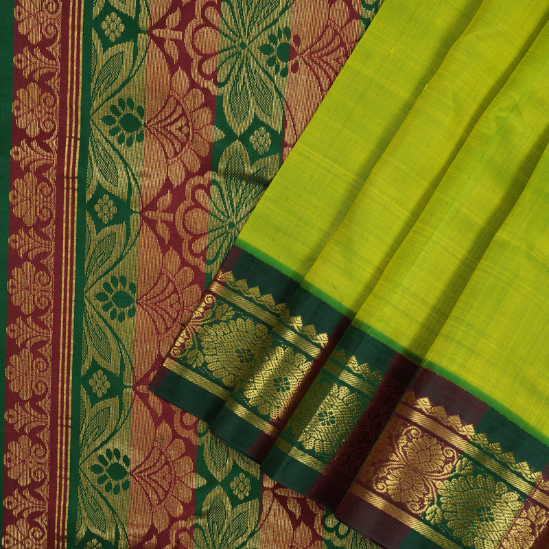 Hayagrivas Fluorescent Green Pure One Side Border Silk Saree with Bottle Green & Araku Maroon border KBE1543K3-3