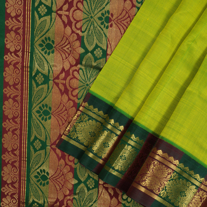 Hayagrivas Fluorescent Green Pure One Side Border Silk Saree with Bottle Green & Araku Maroon border KBE1543K3-3