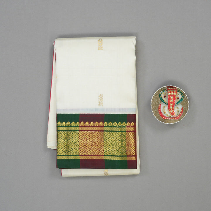 Hayagrivas Handloom Milk White Kanjivaram Silk Saree with Bottle Green & Araku Border KBE1543K3-4