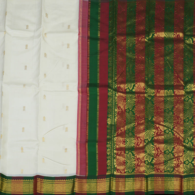 Hayagrivas Handloom Milk White Kanjivaram Silk Saree with Bottle Green & Araku Border KBE1543K3-4