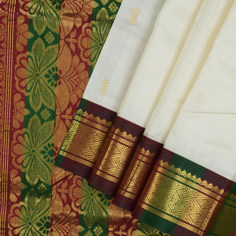 Hayagrivas Handloom Milk White Kanjivaram Silk Saree with Bottle Green & Araku Border KBE1543K3-4