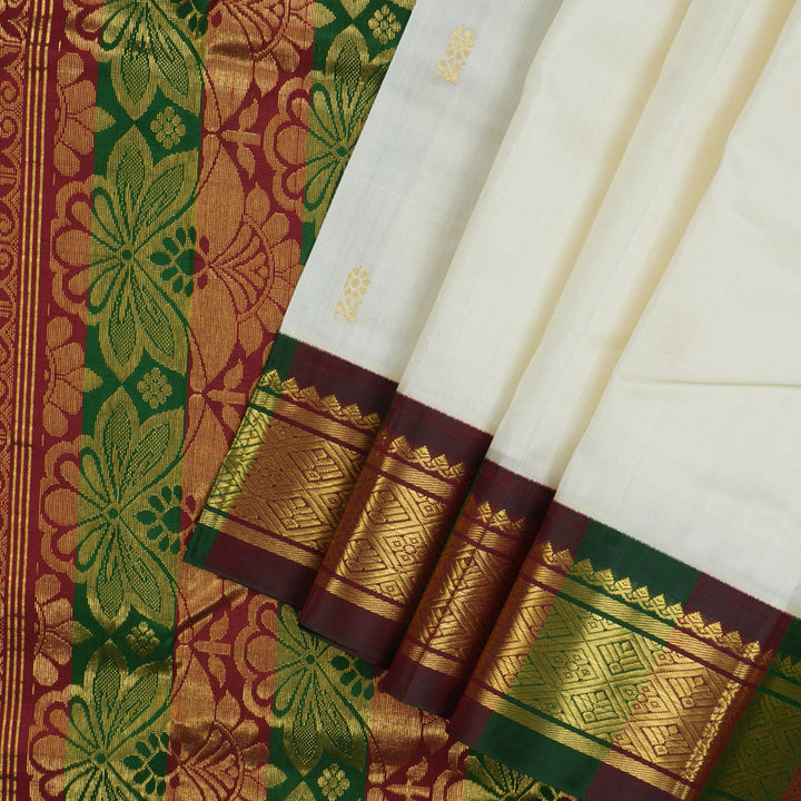 Hayagrivas Handloom Milk White Kanjivaram Silk Saree with Bottle Green & Araku Border KBE1543K3-4