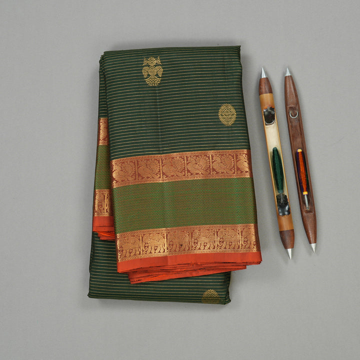 Hayagrivas Bottle Green Handloom Kanjivaram Silk Saree with Burnt Orange Border KBE154D5-2