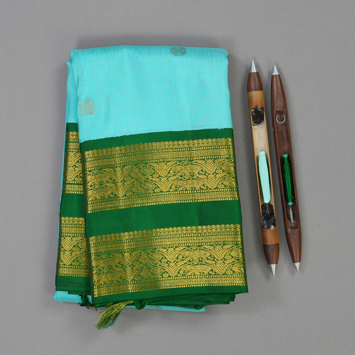 Hayagrivas Handloom Sky Blue Kanjivaram Silk Saree with Green Border KBE1552K6-2