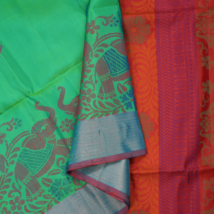 Hayagrivas Handloom Dual Tone (Green & Yellow) Kanjivaram Soft Silk Saree with Tissue Border KBE1554K1-1