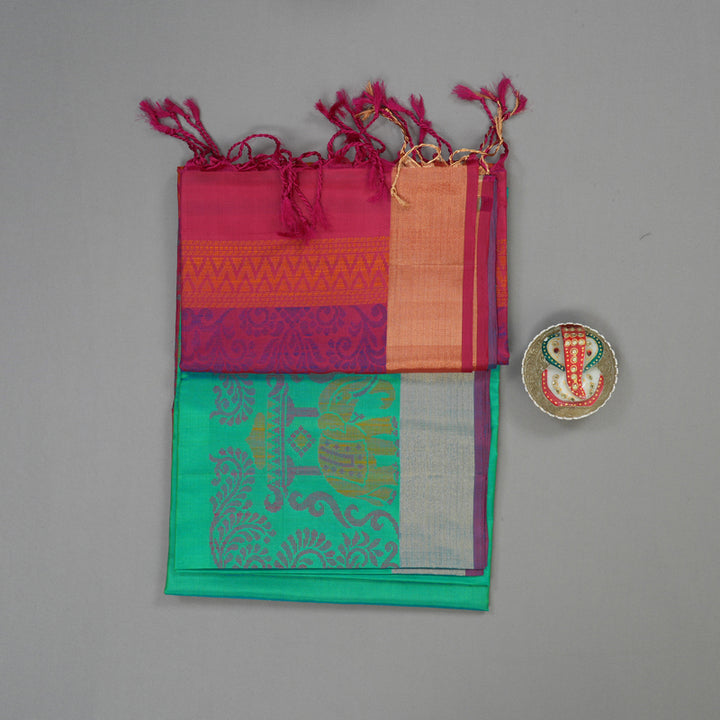 Hayagrivas Handloom Dual Tone (Green & Yellow) Kanjivaram Soft Silk Saree with Tissue Border KBE1554K1-12