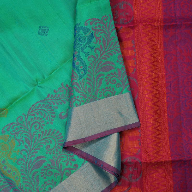 Hayagrivas Handloom Dual Tone (Green & Yellow) Kanjivaram Soft Silk Saree with Tissue Border KBE1554K1-12