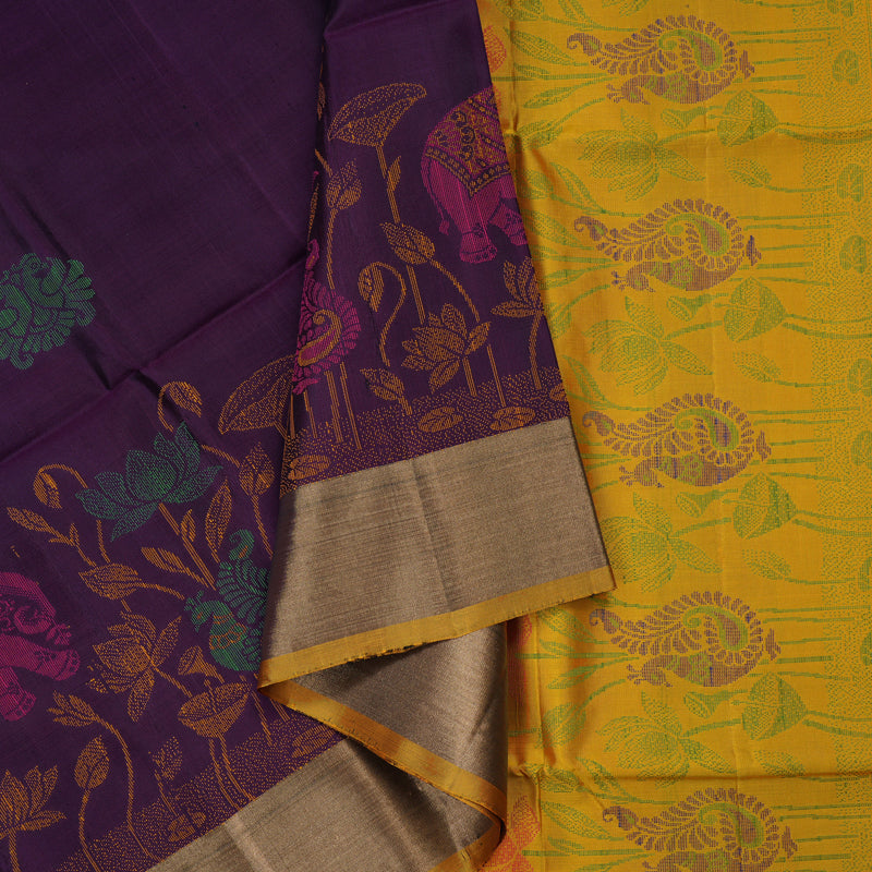 Hayagrivas Handloom Deep Violet Kanjivaram Soft Silk Saree with Tissue Border KBE1554K1-15