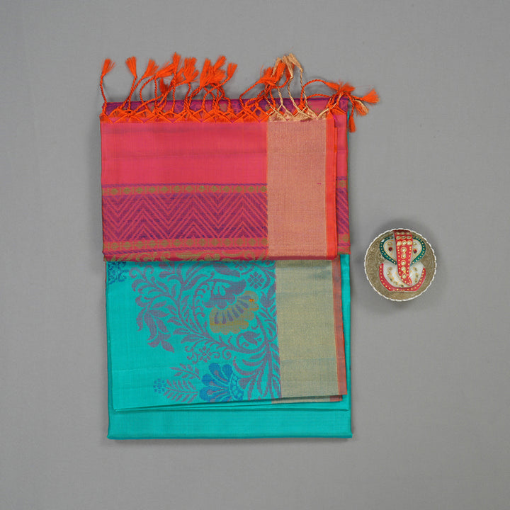 Hayagrivas Handloom Turquoise Kanjivaram Soft Silk Saree with Tissue Border KBE1554K1-2