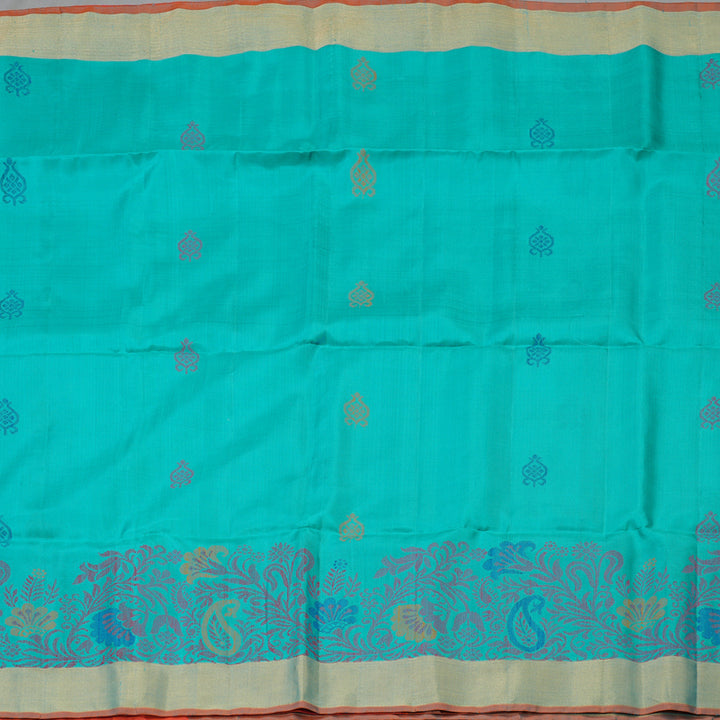 Hayagrivas Handloom Turquoise Kanjivaram Soft Silk Saree with Tissue Border KBE1554K1-2