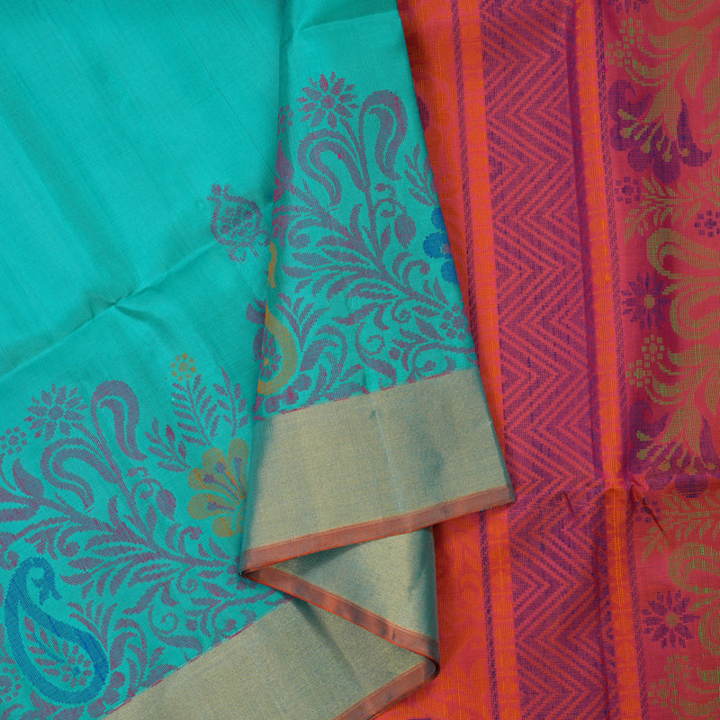 Hayagrivas Handloom Turquoise Kanjivaram Soft Silk Saree with Tissue Border KBE1554K1-2